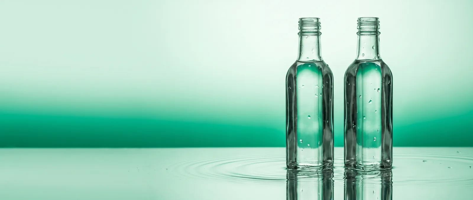 Dos botellas pequeñas de vidrio verdoso con gotas sobre una lámina de agua que las refleja, fondo verde esmeralda
