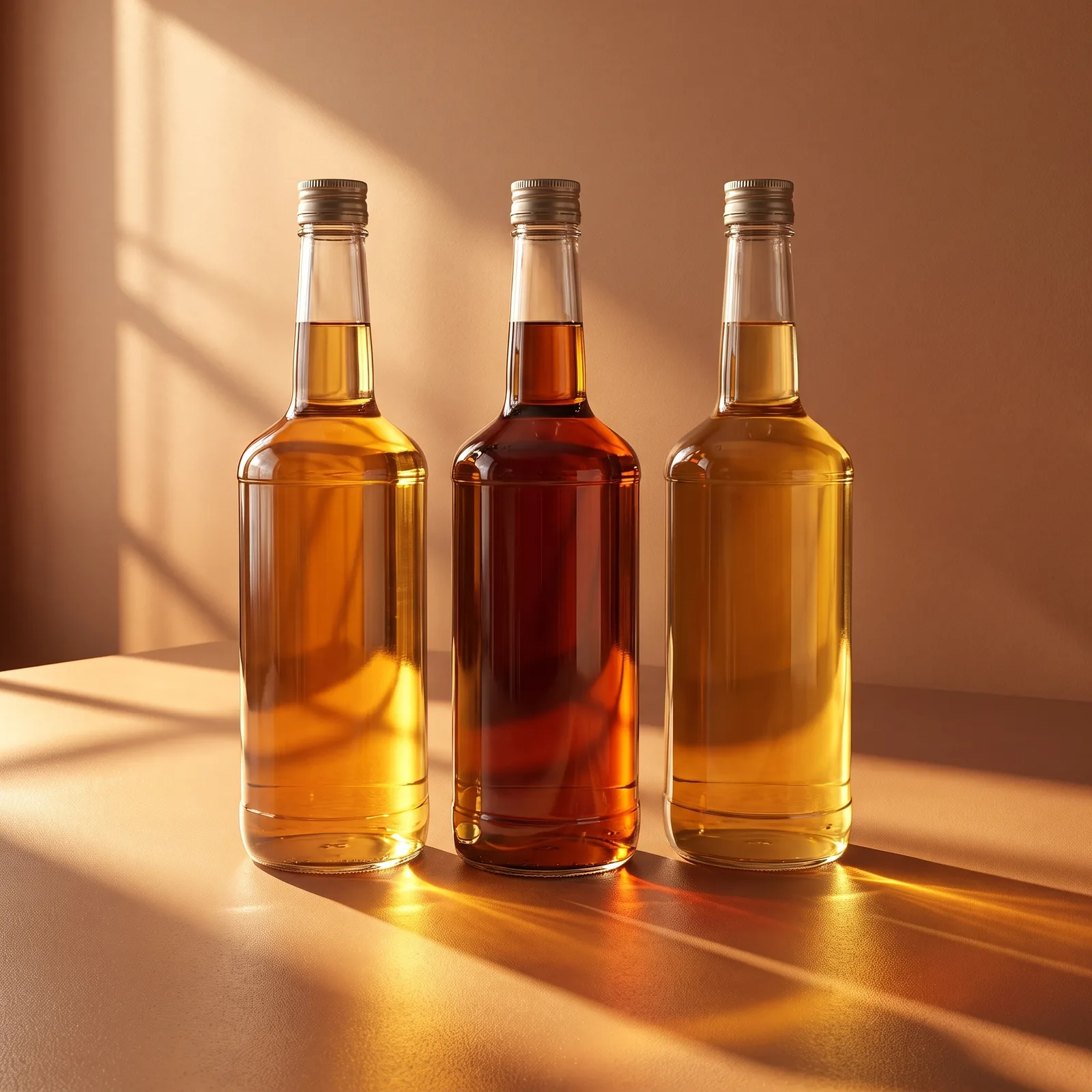 Tres botellas de licor ámbar alineadas sobre una superficie arena; la luz las atraviesa y dibuja cáusticas doradas