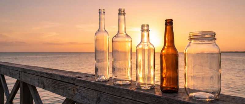 Cinco envases de vidrio vacíos en fila sobre el barandal de un muelle de madera, a contraluz contra el sol que se pone sobre el mar