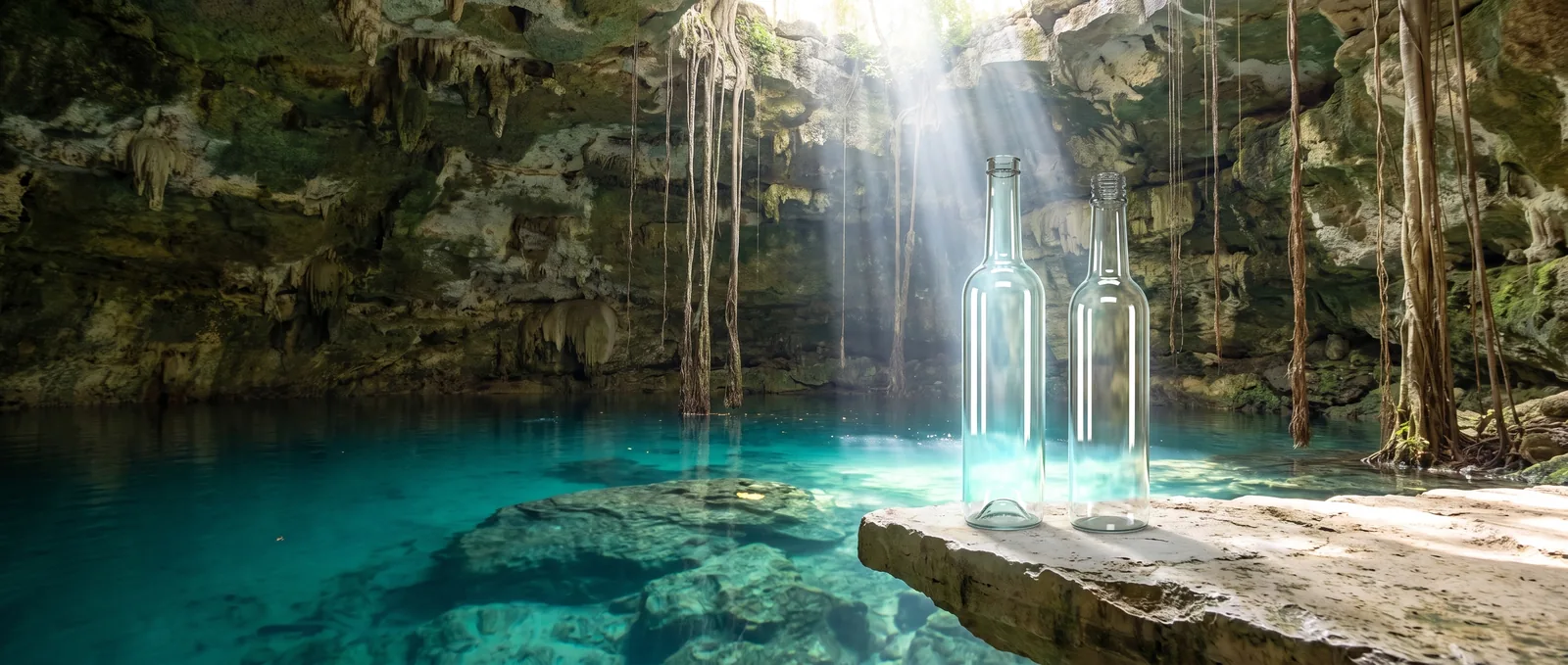 Dos botellas de vidrio vacías sobre una repisa de piedra caliza junto al agua turquesa de un cenote, bajo un haz de luz cenital