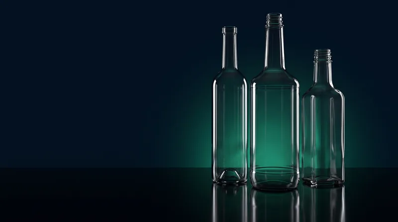 Tres botellas de vidrio vacías recortadas por una luz de canto verde esmeralda sobre un fondo azul marino casi negro