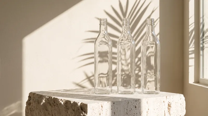 Tres botellas de vidrio vacías sobre un bloque de piedra caliza, con la sombra de una palma proyectada en el muro crema del fondo